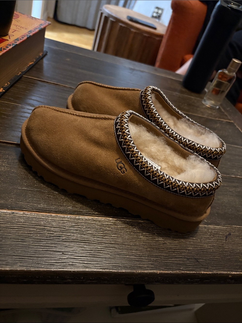 UGG Chestnut Suede Sheepskin Mule Slippers with Braided Trim nwob